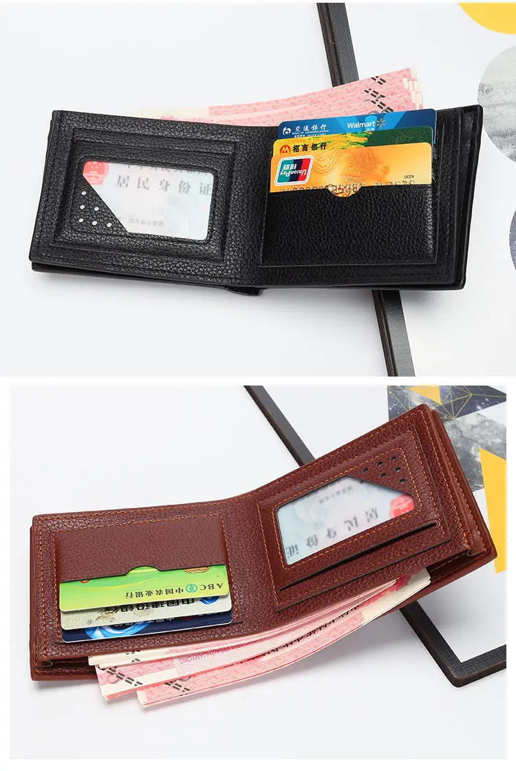 Men's Wallet Zipper Short Lychee Pattern Ticket Clip Soft Leather Large Capacity