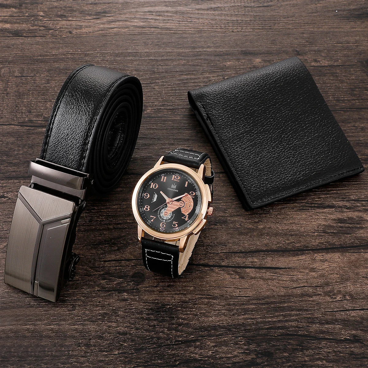 Men's Watch+Wallet+Belt Set Father's Birthday Gift Casual Quartz Watch