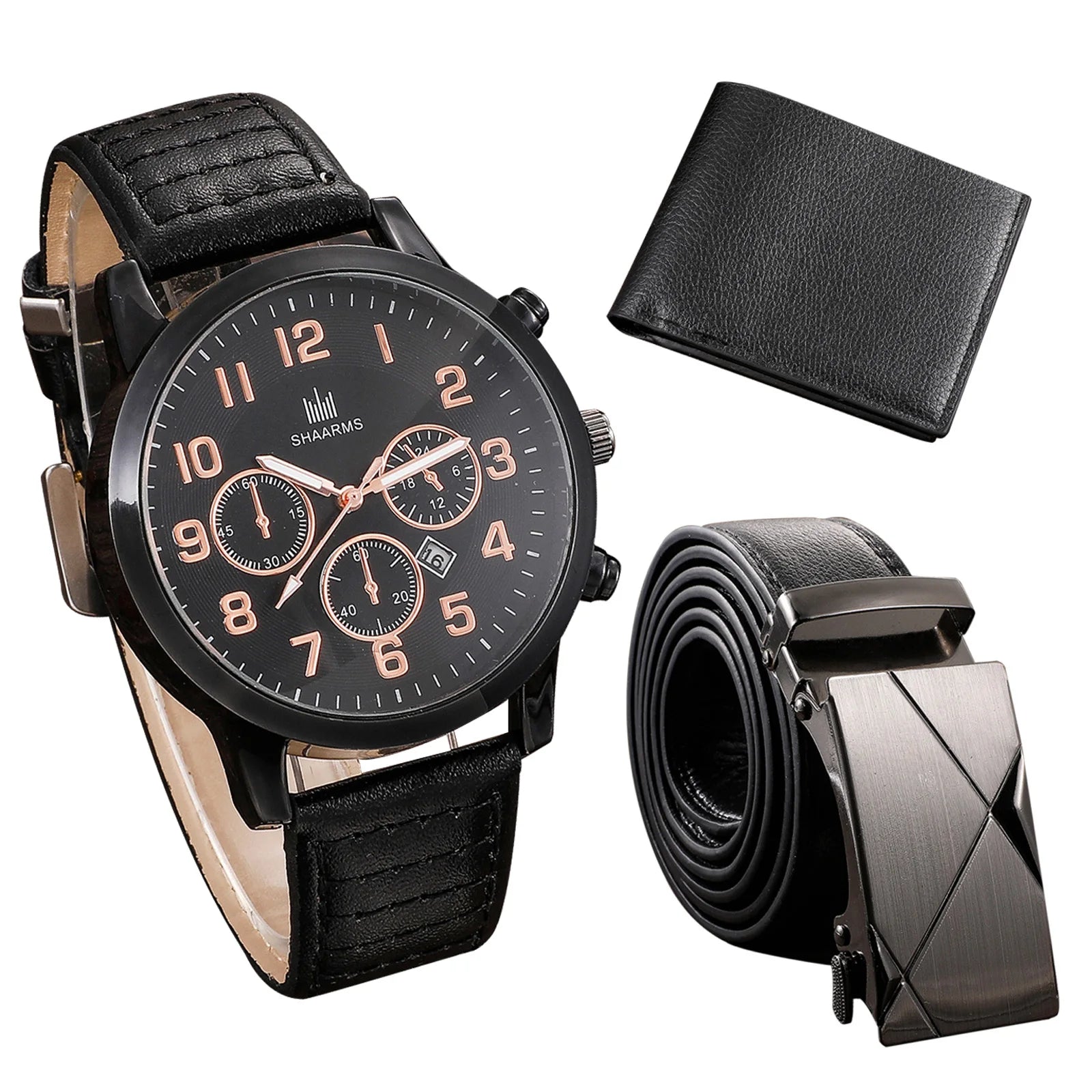 Men's Watch+Wallet+Belt Set, Gift for Dad, PU Strap, SAL99
