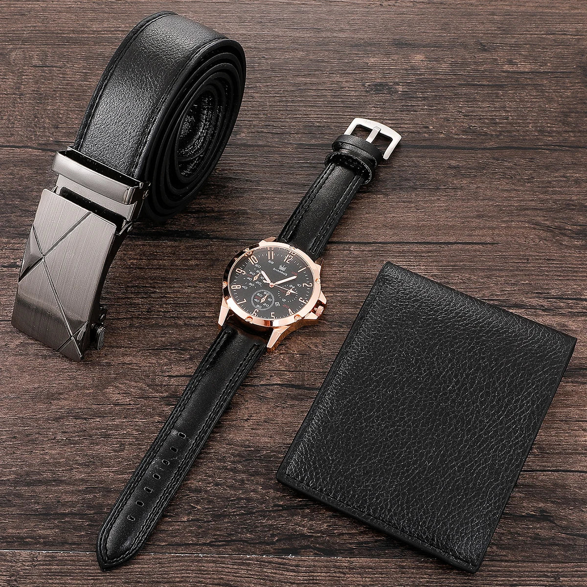 Men's Watch+Wallet+Belt Set PU Strap Casual Quartz Watch