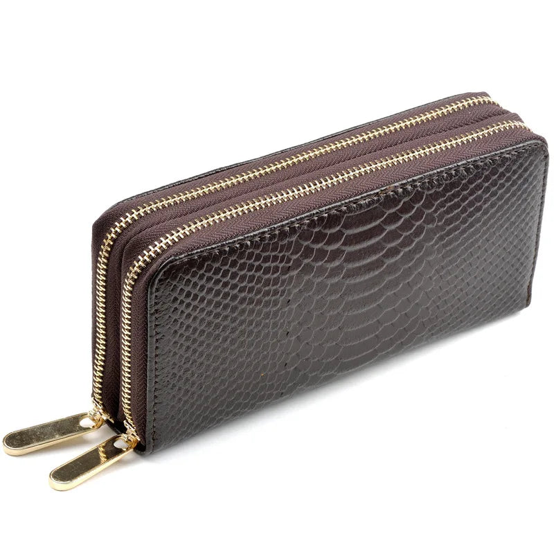 Crocodile Print Leather Double Zipper Wallet Handbag