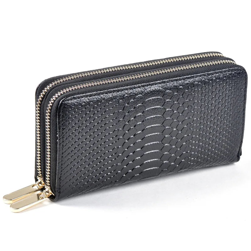 Crocodile Print Leather Double Zipper Wallet Handbag