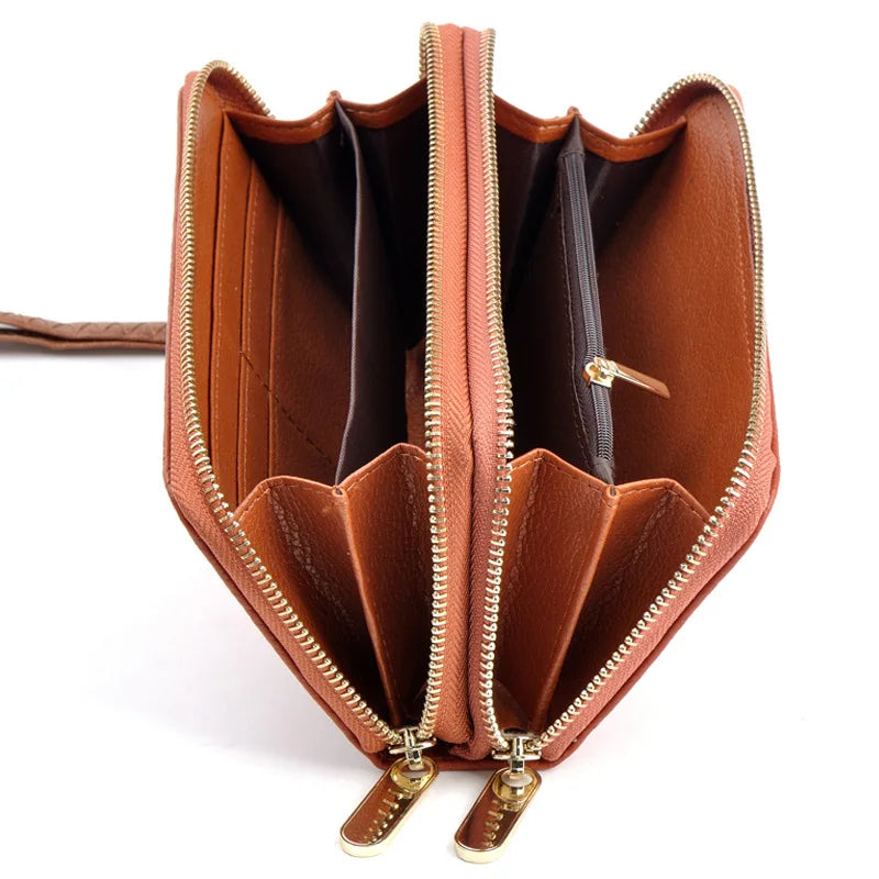 Crocodile Print Leather Double Zipper Wallet Handbag