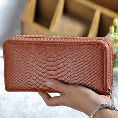 Crocodile Print Leather Double Zipper Wallet Handbag