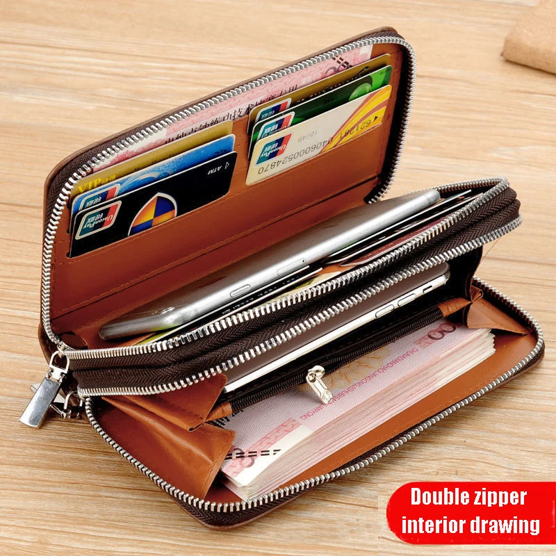 Men's Leather Wallet Double Zipper Clutch Bag Business Wallet