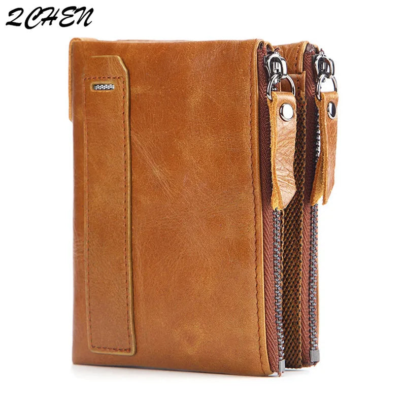 Men's Leather Wallet Double Zipper Coin Purse Short Oil Wax Leather Wallet