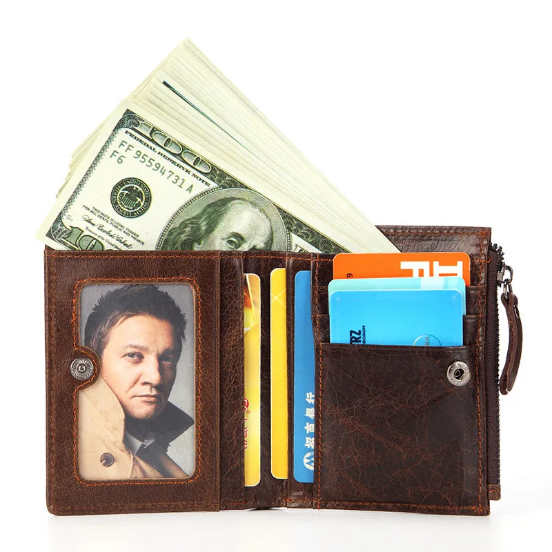 Men's Double Zipper Oil Wax Leather Wallet Coin Purse
