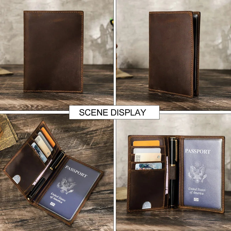 Vintage Leather Passport Holder Wallet with Pen Slot