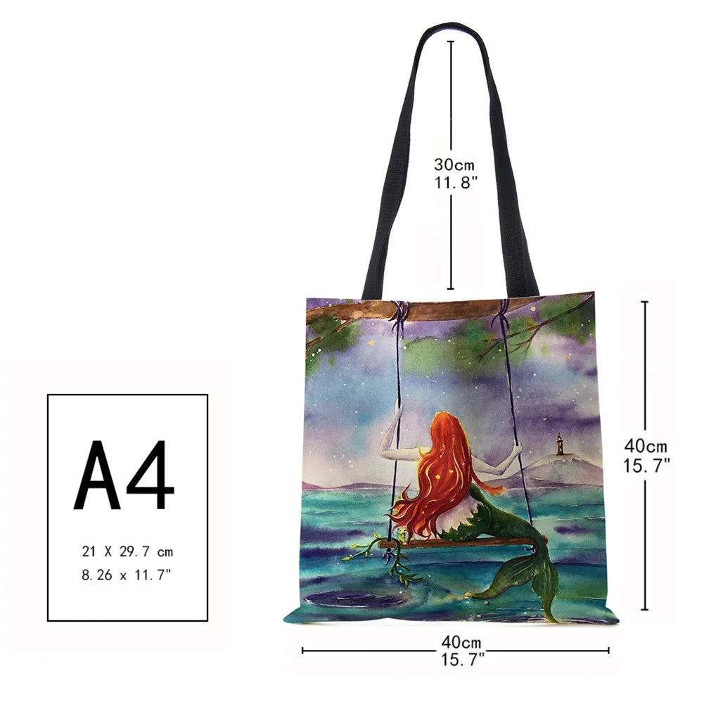 Mermaid Cartoon Shoulder Bag Scenery Women Reusable Canvas Tote Bag Harajuku