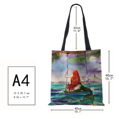 Mermaid Cartoon Shoulder Bag Scenery Women Reusable Canvas Tote Bag Harajuku