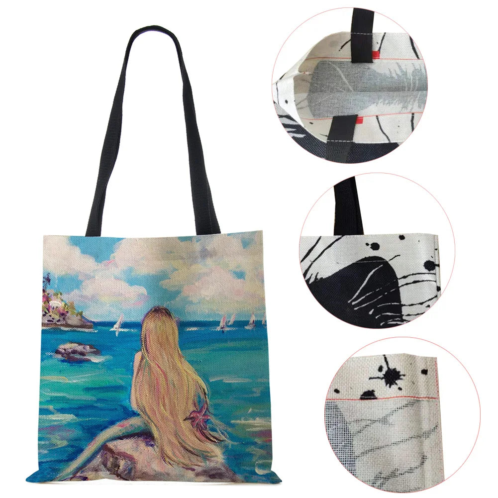 Mermaid Cartoon Shoulder Bag Scenery Women Reusable Canvas Tote Bag Harajuku