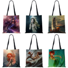 Mermaid Print Tote Shoulder Bag For Women Shopping Reusable Bags Large Travel Sc