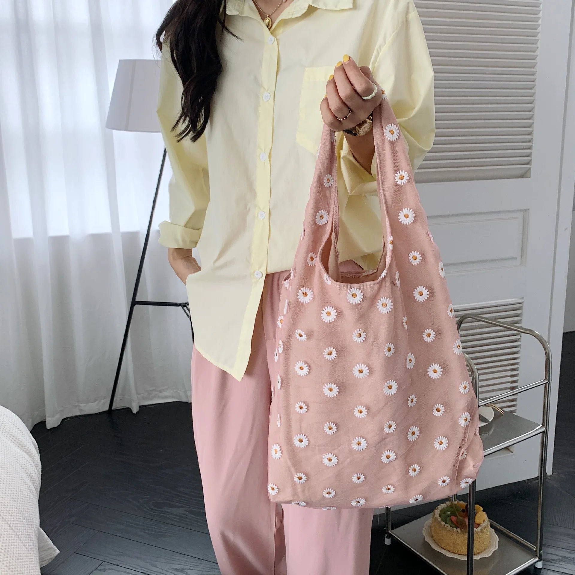 Mesh Embroidered Flower Women HandBag Large Capacity Shoulder Bag