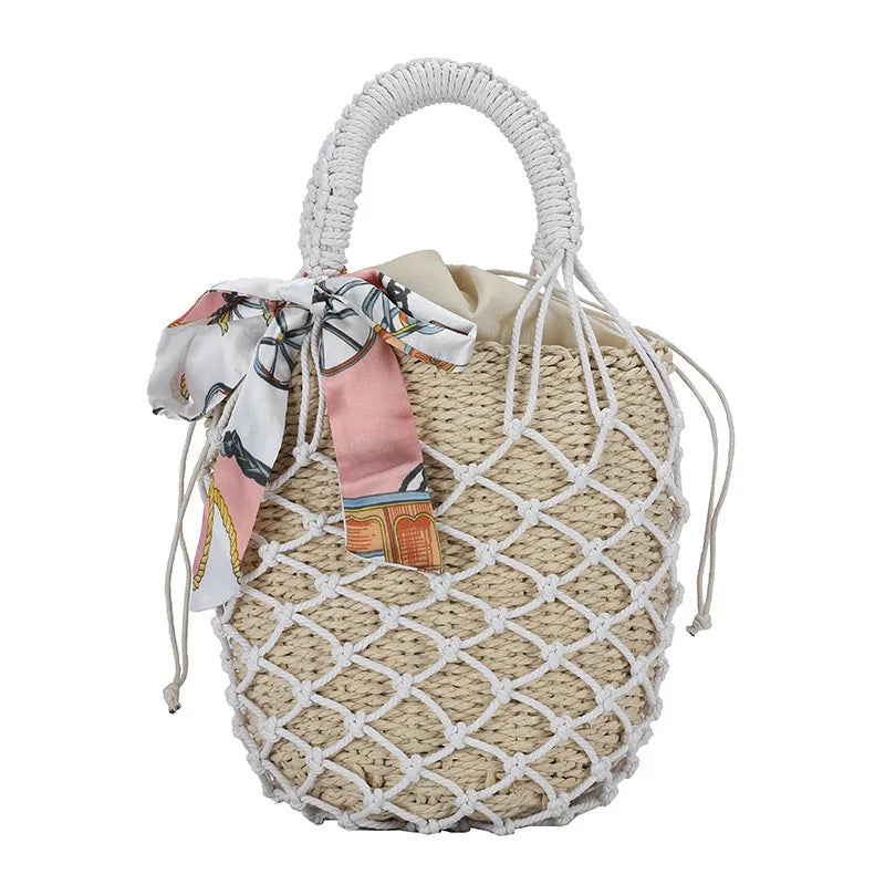Mesh Hollow Straw Handbags for Women Beach Basket Bags