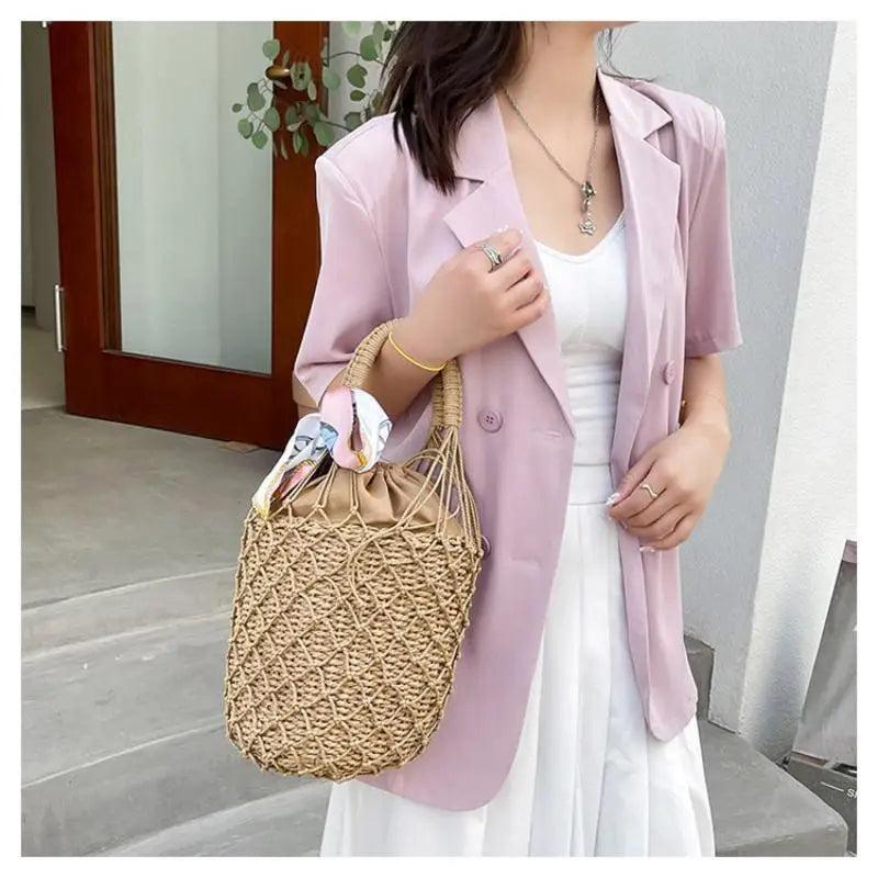 Mesh Hollow Straw Handbags for Women Beach Basket Bags