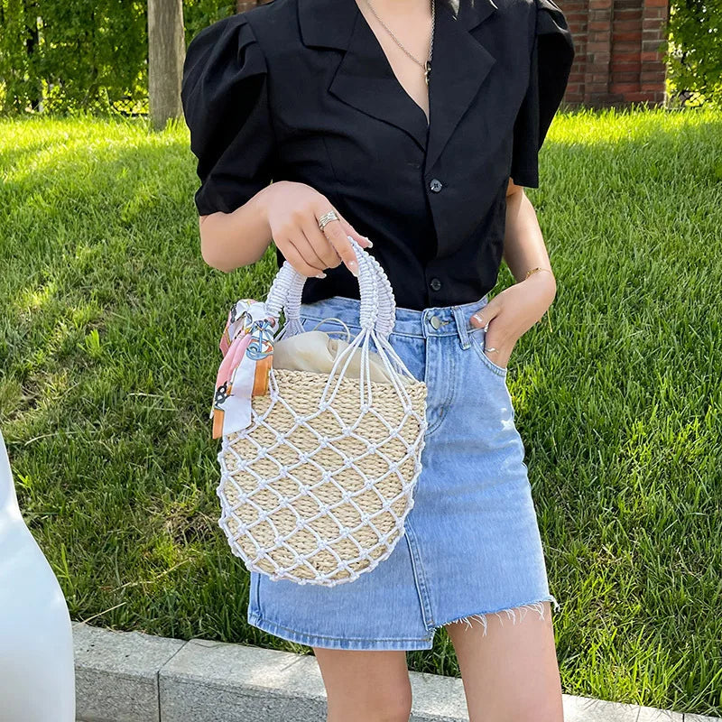 Mesh Hollow Straw Handbags for Women Beach Basket Bags
