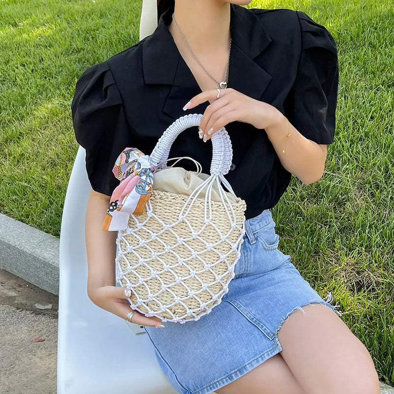Mesh Hollow Straw Handbags for Women Beach Basket Bags