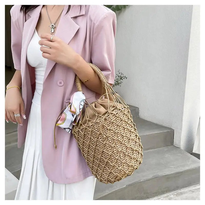 Mesh Hollow Straw Handbags for Women Beach Basket Bags