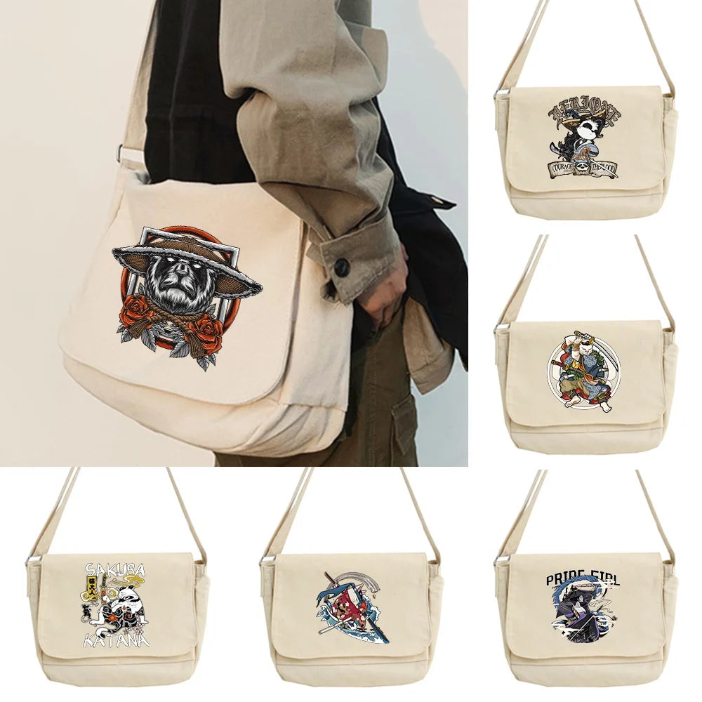 Samurai Pattern Messenger Bag Lazy Style Portable Student Bag