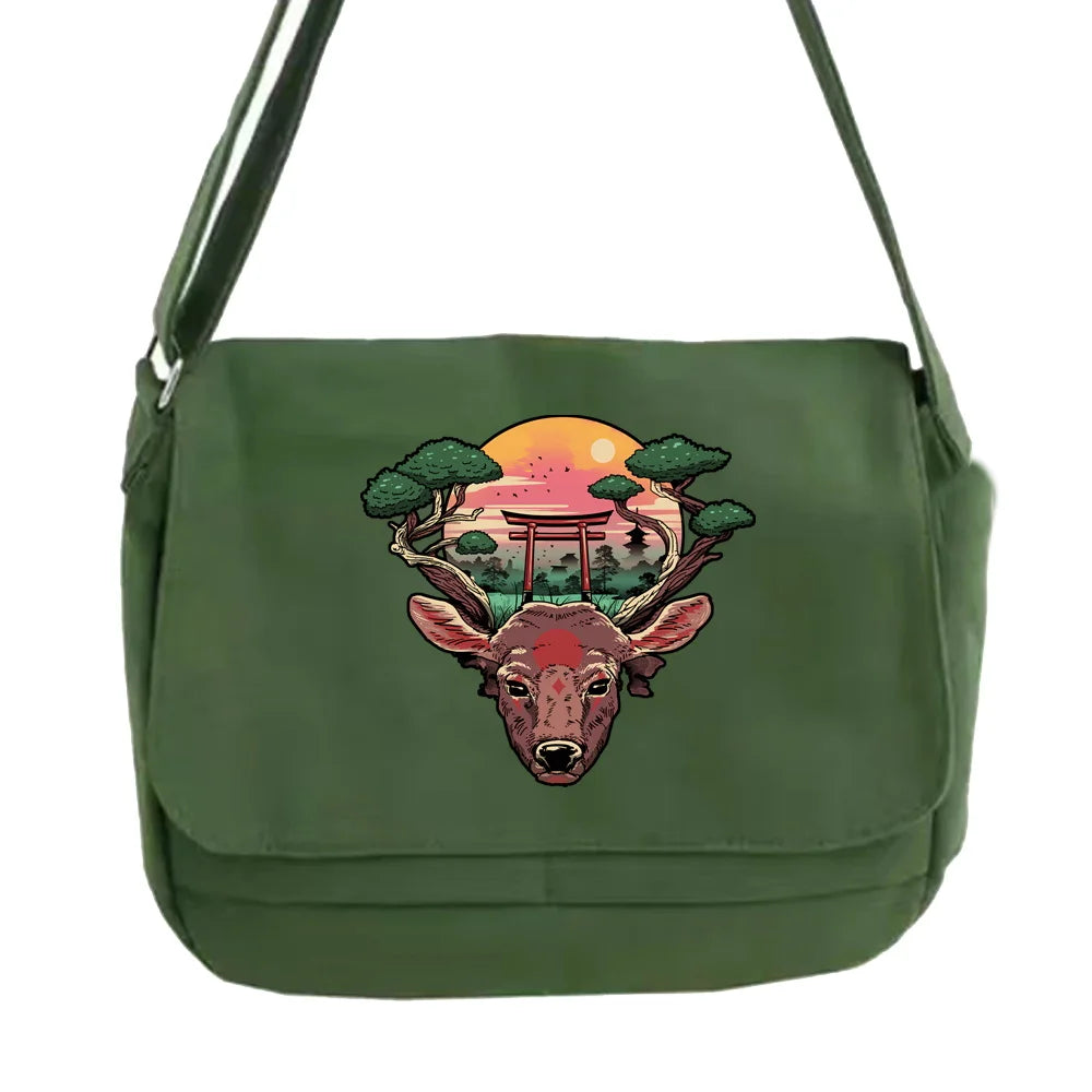 Japanese Art Messenger Bag Student Portable Japan Pattern Golden Bag