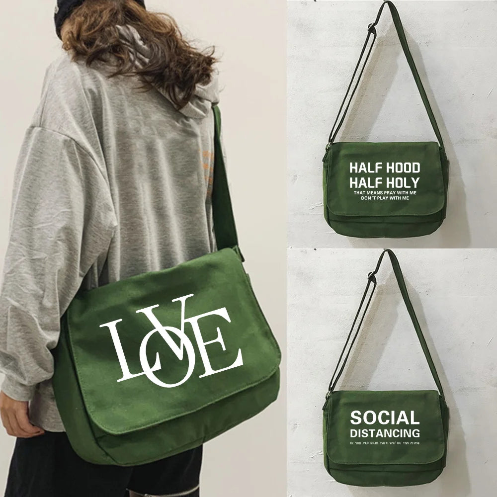 Japanese Style Messenger Bag with Text Pattern