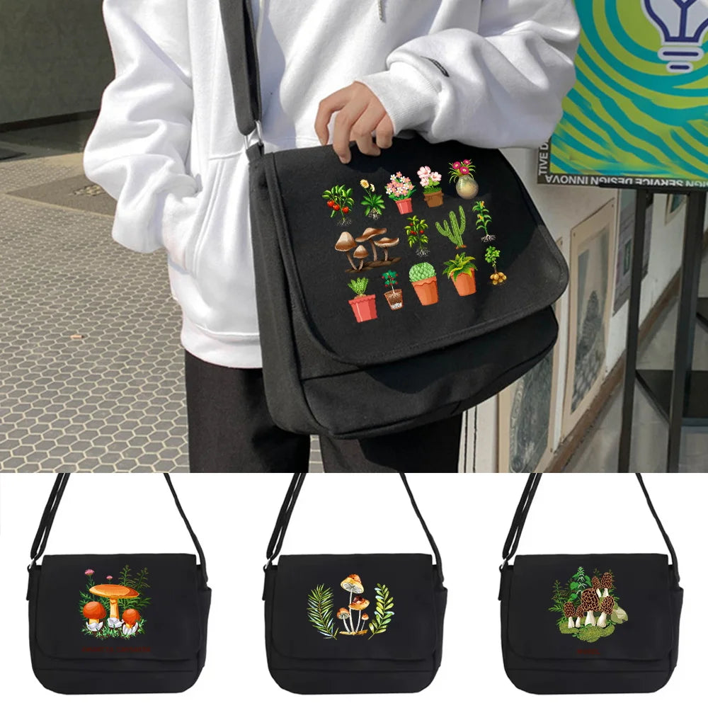 Mushroom Pattern Messenger Bag College Student Portable Shoulder Bag
