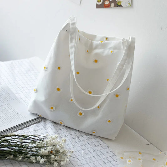 Embroidered Daisies Canvas Bag Women's Shoulder Handbag