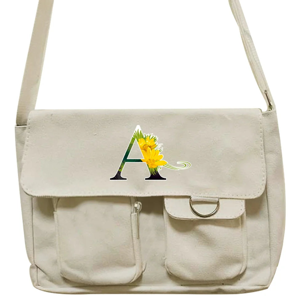 Flower Series Canvas Messenger Bag Large Capacity Crossbody Shoulder Bag