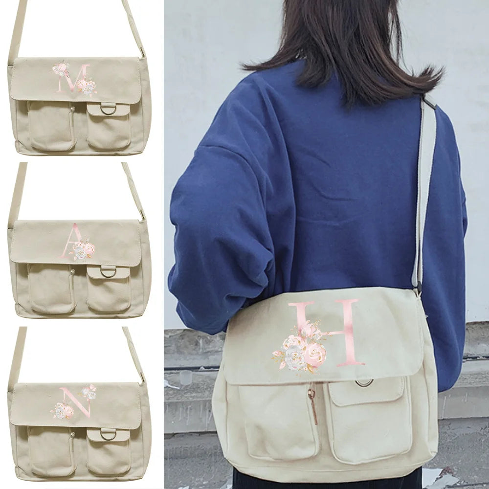 Canvas Messenger Bag Large Capacity Crossbody Pink flower Initial