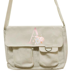 Canvas Messenger Bag Large Capacity Crossbody Pink flower Initial