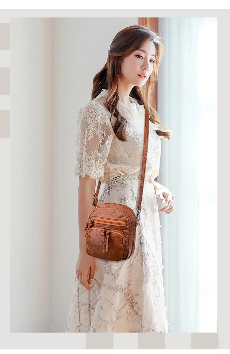 Soft Leather Shoulder Bag Multi-layer Large Capacity Phone Bag