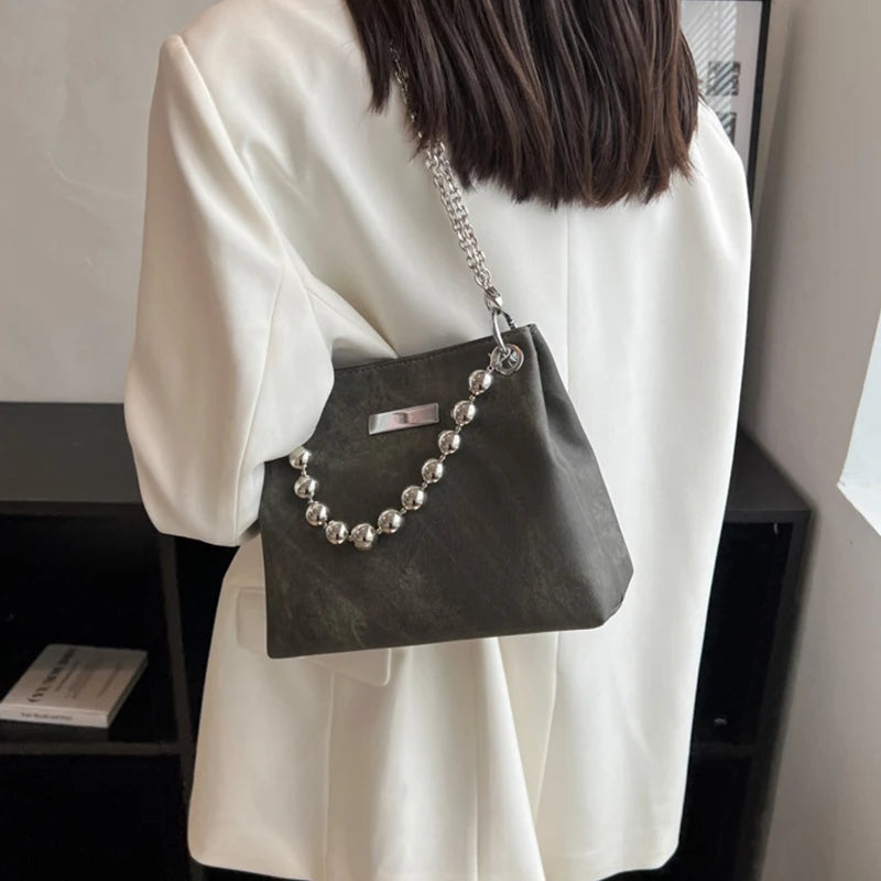 Metal Bead Chain Shoulder Bag Lady Underarm Crossbody Handbag