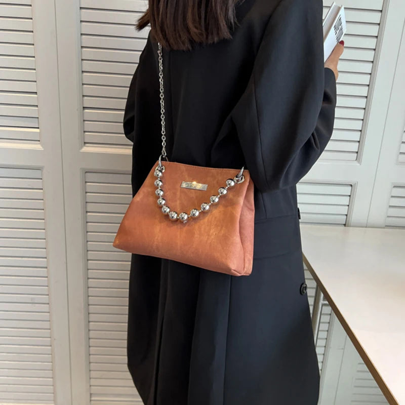 Metal Bead Chain Shoulder Bag Lady Underarm Crossbody Handbag