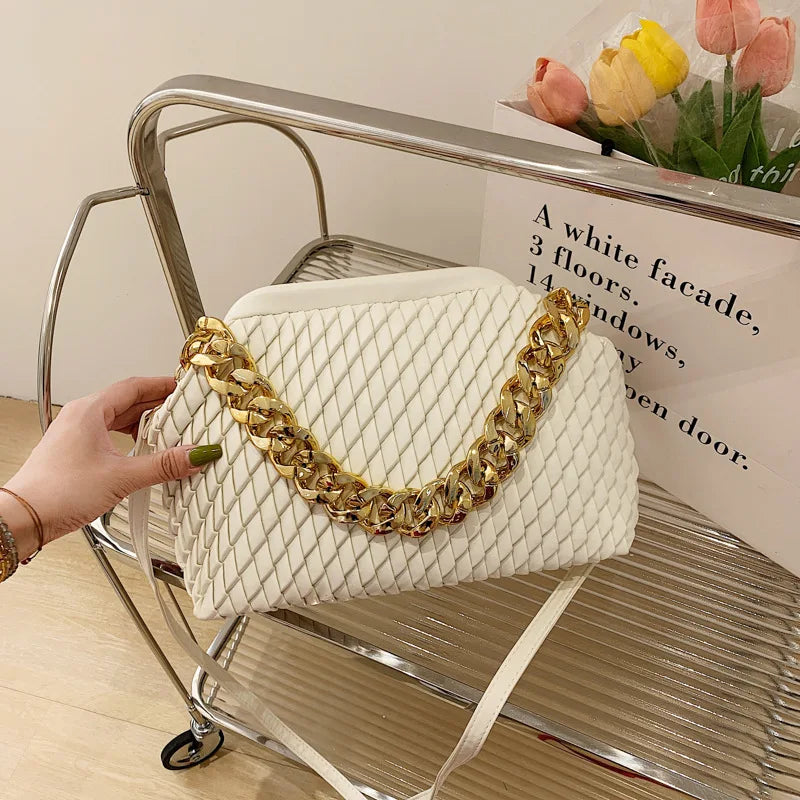 Metal Chain Cloud Clutch Crossbody Bag Leather