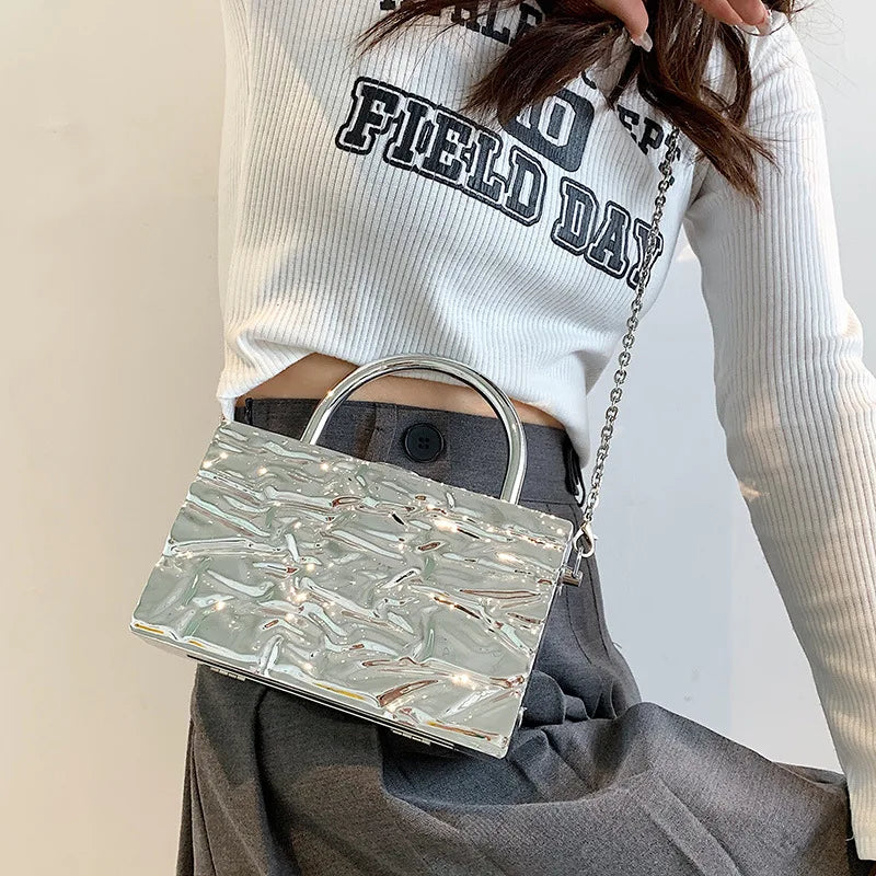 Metal Handle Box Women Party Clutch Bag Silver Tote Bag Crossbody Bag
