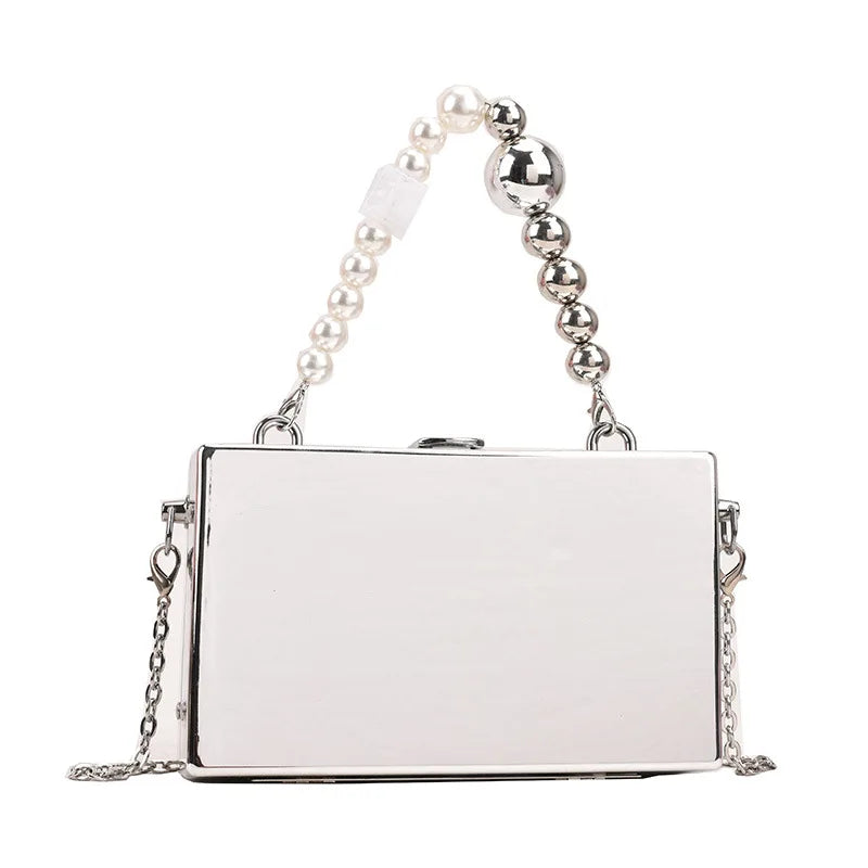 Metal Handle Box Women Party Clutch Bag Silver Tote Bag Crossbody Bag