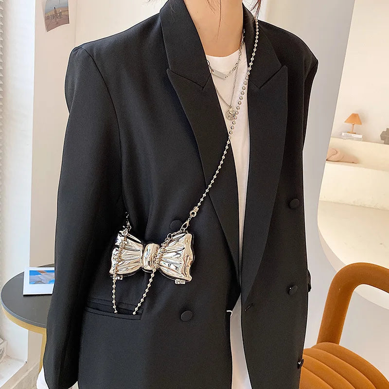 Metal Mini Bow Crossbody Bags For Women Silver Shoulder Bag