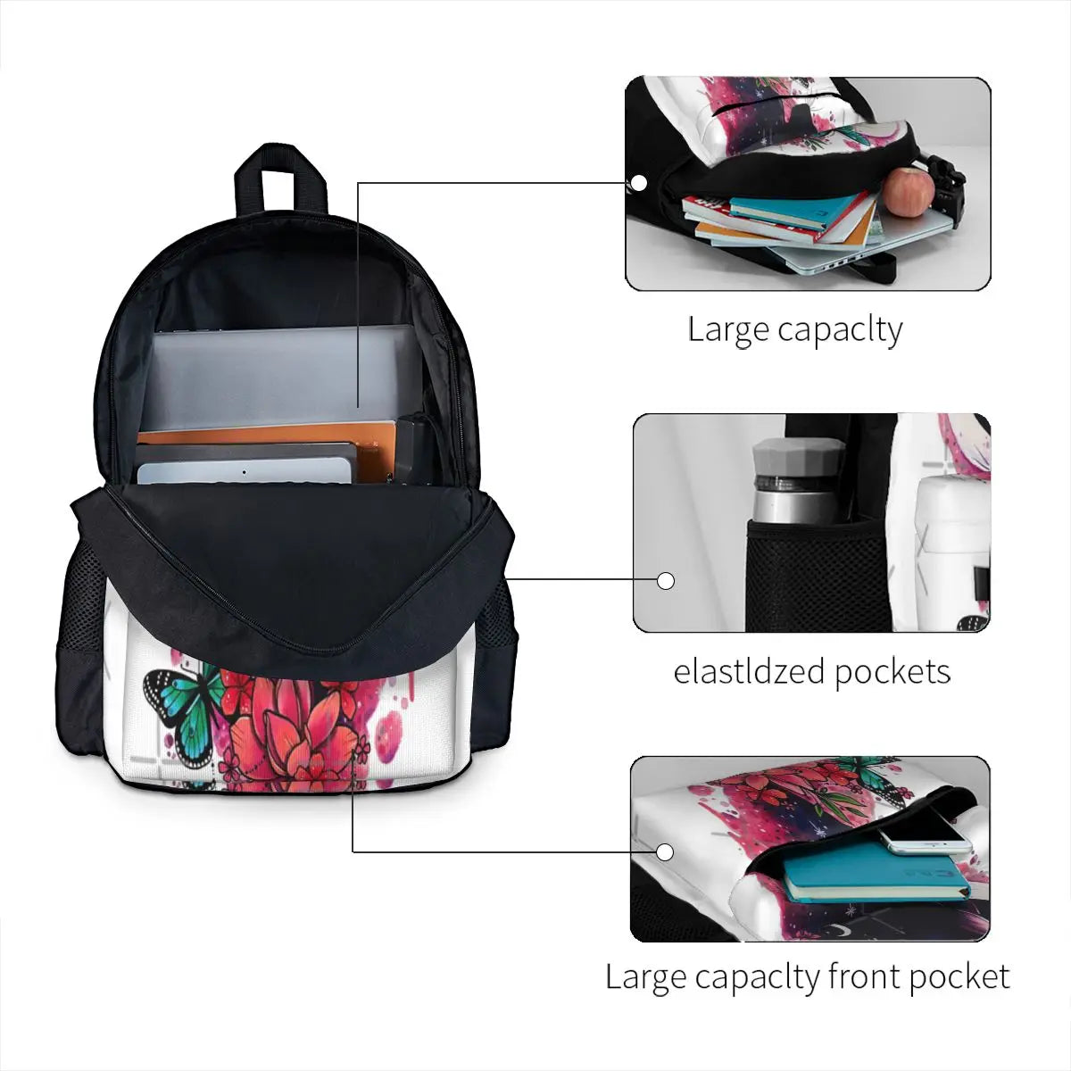 Midnight Cat Watercolor Backpacks Men's Women's Zip Pockets