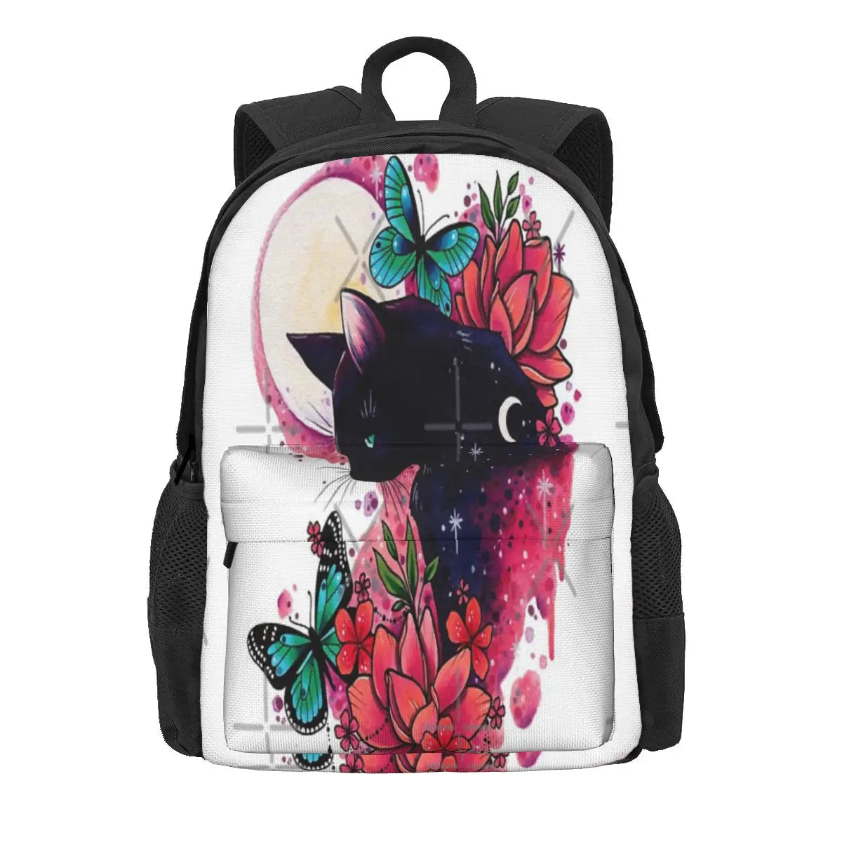 Midnight Cat Watercolor Backpacks Men's Women's Zip Pockets