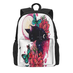 Midnight Cat Watercolor Backpacks Men's Women's Zip Pockets