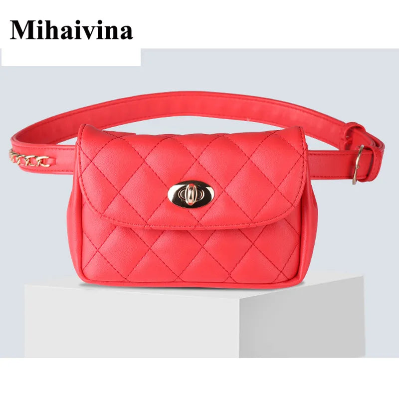 Women Leather Waist Bag Plaid Belt Fanny Pack