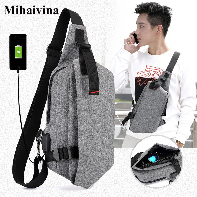 Men Oxford Chest Pack Shoulder Handbag USB Charge Casual Gray Crossbody Bags