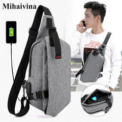 Men Oxford Chest Pack Shoulder Handbag USB Charge Casual Gray Crossbody Bags
