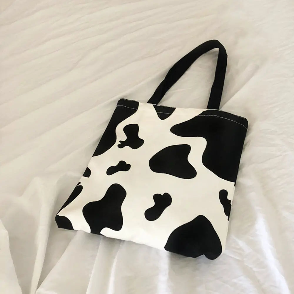 Milk Cow Pattern Women Canvas Handbags Large Capacity Shoulder Bag
