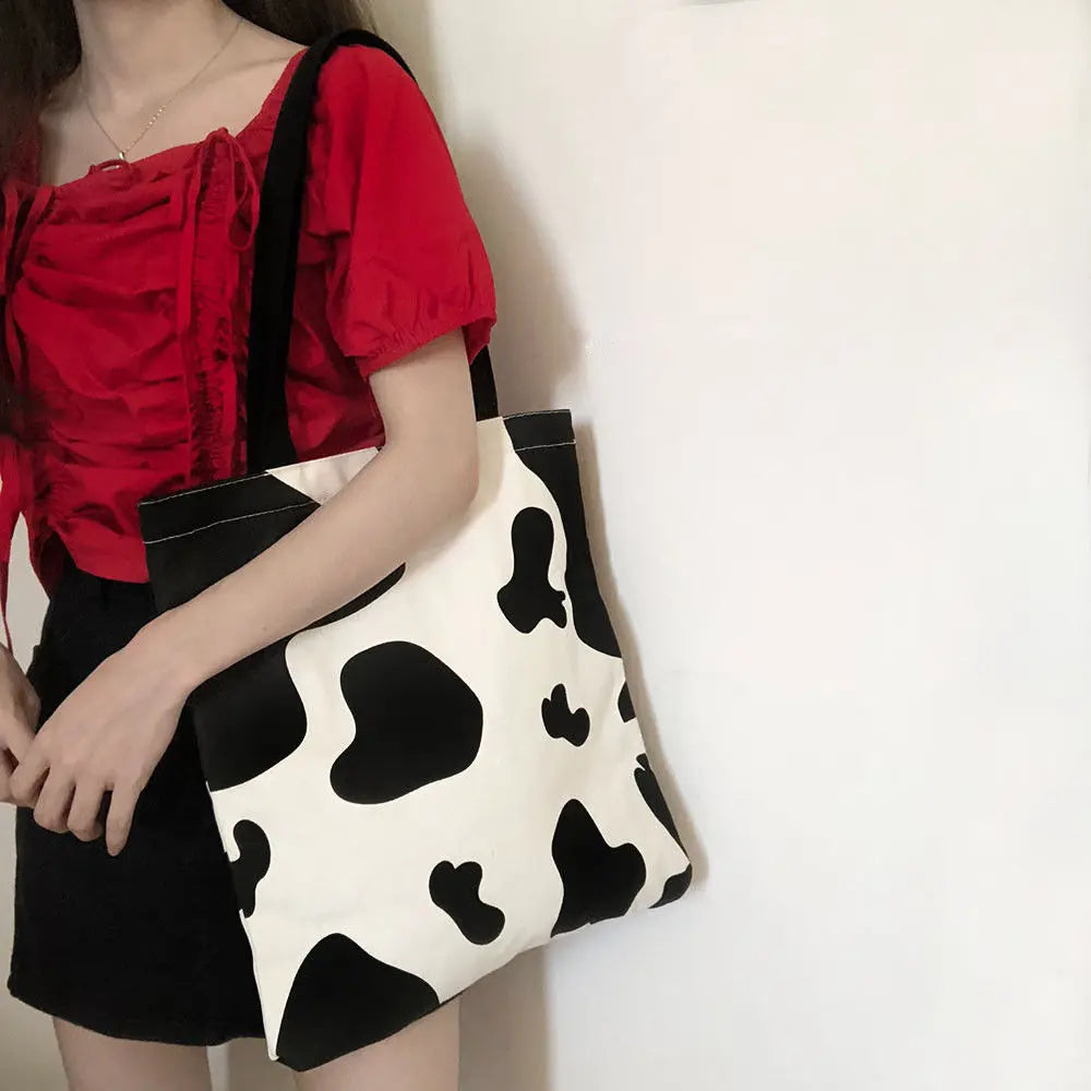 Milk Cow Pattern Women Canvas Handbags Large Capacity Shoulder Bag
