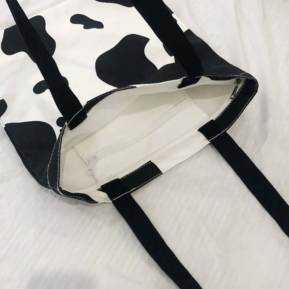 Milk Cow Pattern Women Canvas Handbags Large Capacity Shoulder Bag