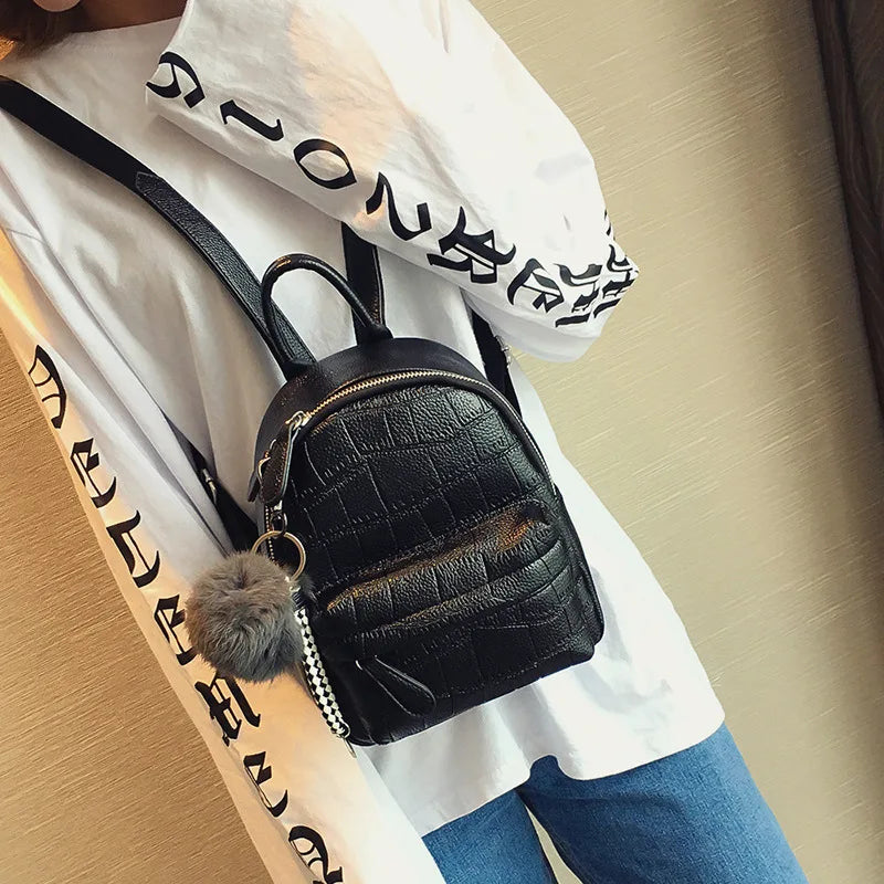 Stone Leather Mini Backpack Women with Hairball