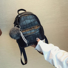 Stone Leather Mini Backpack Women with Hairball
