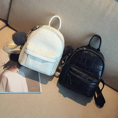 Stone Leather Mini Backpack Women with Hairball