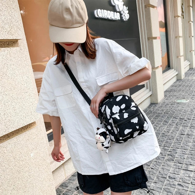 Mini Canvas Daypack with Cow Print Backpack for Women Lady Girls